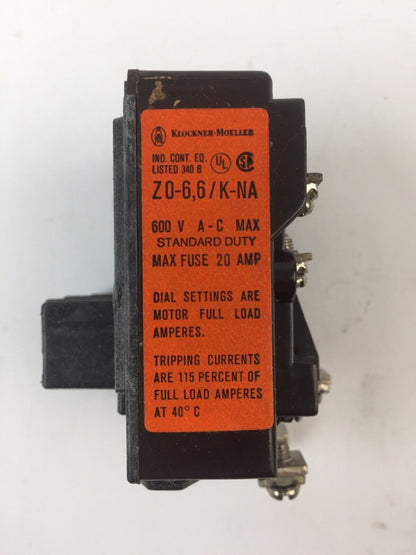 KLOCKNER MOELLER Z0-6,6/K-NA BIMETAL RELAY 600VAC 3.3-6.6AMP