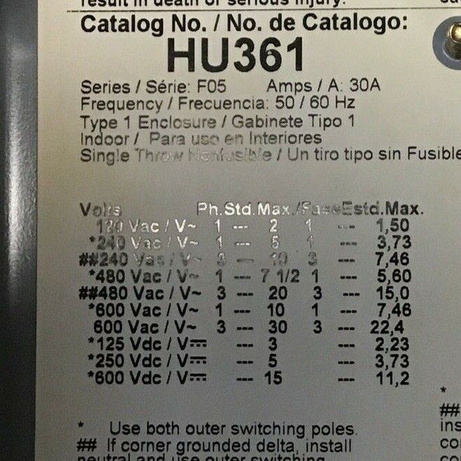 SQUARE D HU361 SAFETY SWITCH SER.F05 30A  TYPE1 ENCLOSURE NON FUSIBLE 600VAC/VDC