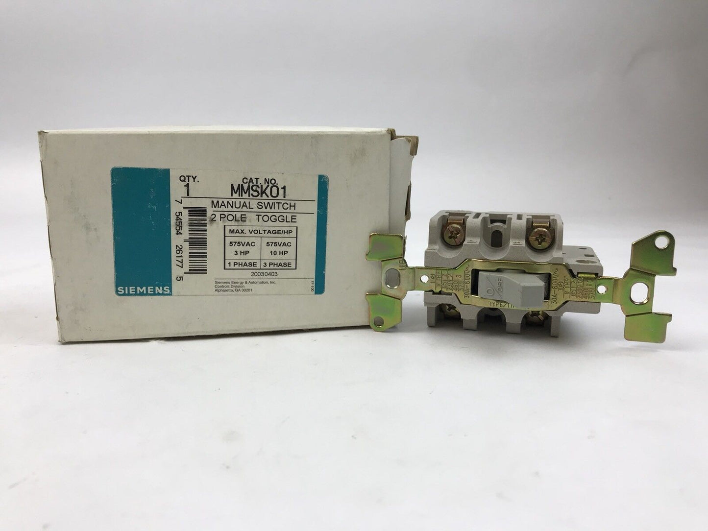 Seimens MMSK01 Manual Switch Max Voltage/HP 575VAC 3 HP 575VAC  HP 1/3 Phase