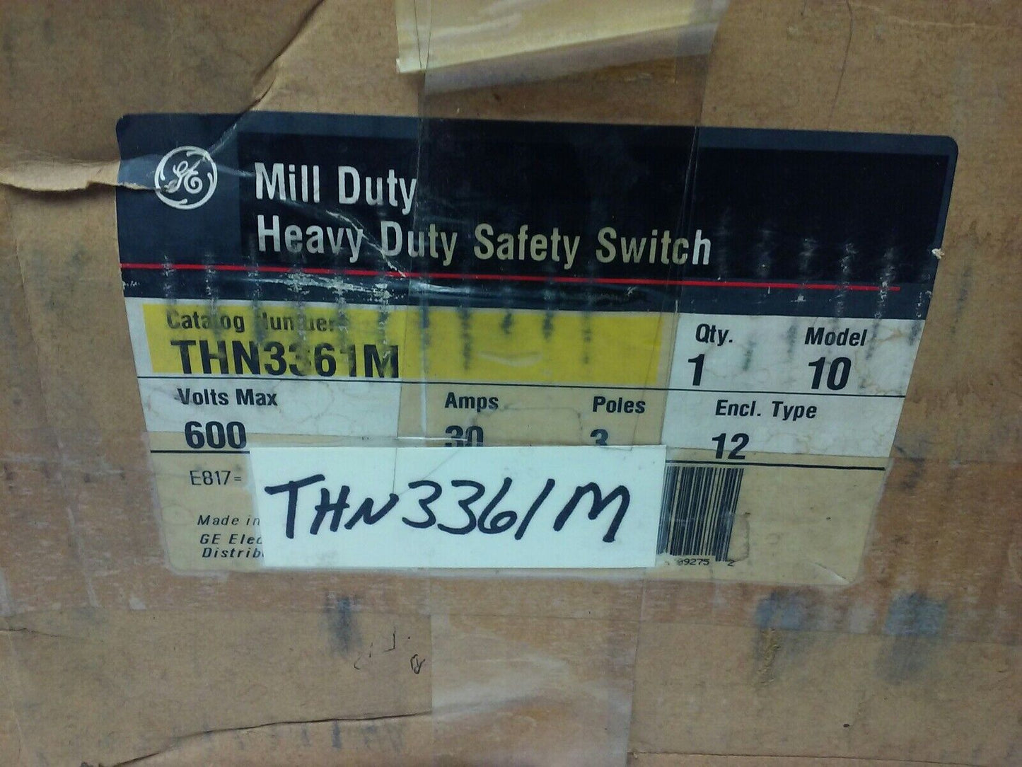 GE THN3361M, SAFETY SWITCH, 30A, 600VAC/250DC, TYPE 1/5/12 ENCLOSURE, MAX H.P.30