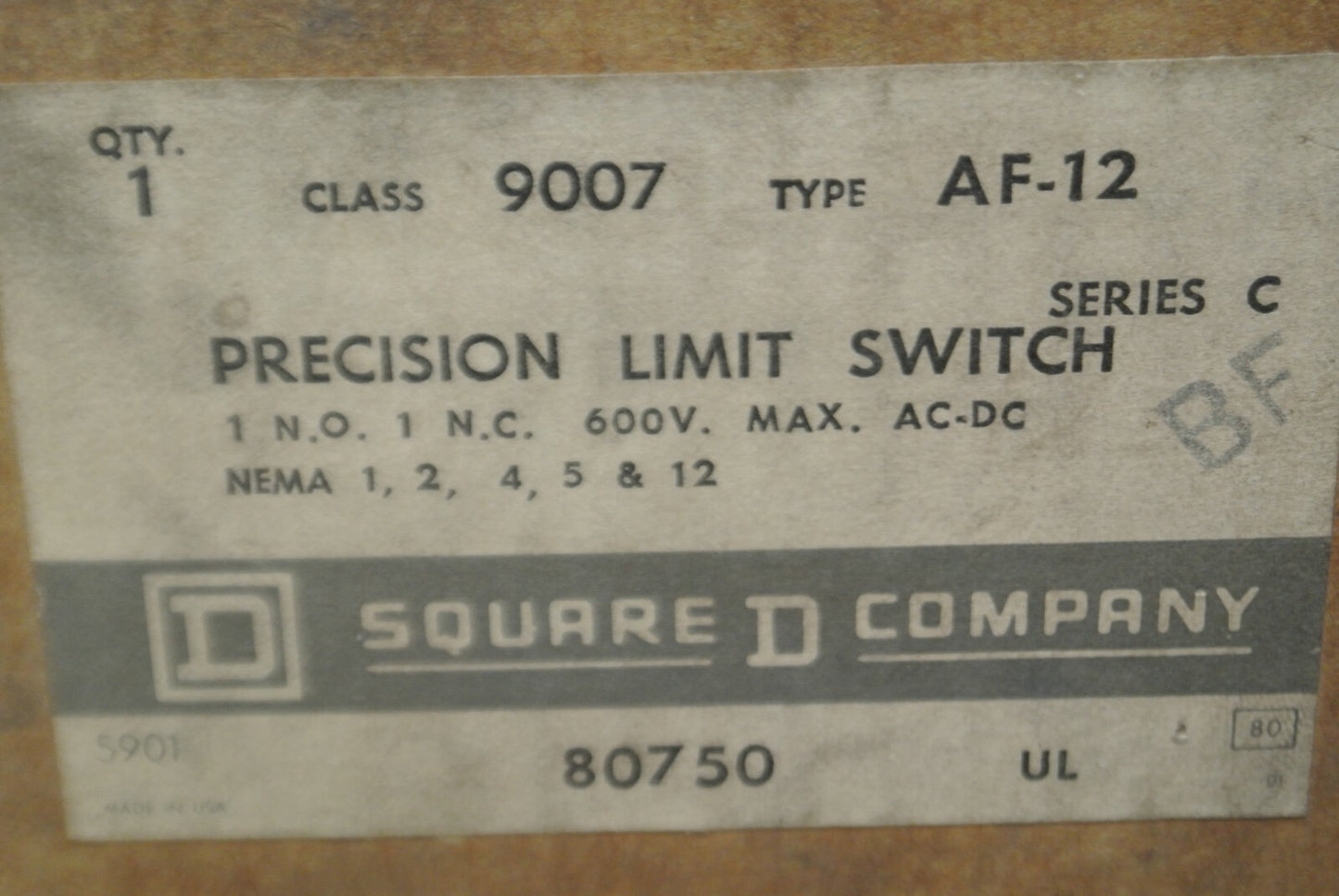SQUARE D 9007 AF-12 Ser. C LIMIT SWITCH 600VAC/DC / 1 N.O. / 1 N.C.  NEW SURPLUS