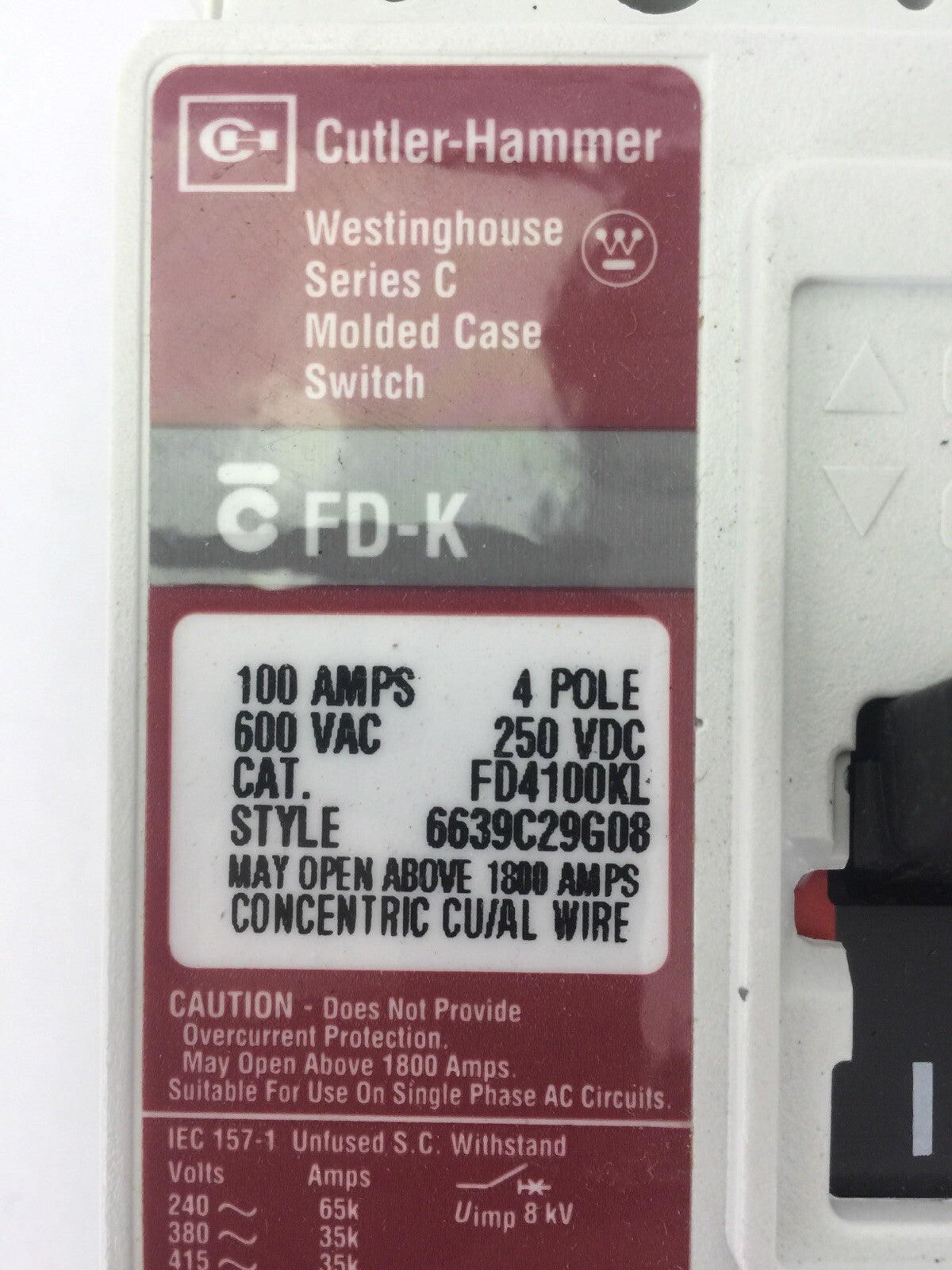 CUTLER HAMMER WESTINGHOUSE FD4100KL MOLDED CASE SWITCH 100A 600VAC 4POLE SER C