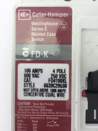 CUTLER HAMMER WESTINGHOUSE FD4100KL MOLDED CASE SWITCH 100A 600VAC 4POLE SER C