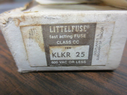 LITTELFUSE KLKR 25 FUSE, CLASS CC, CURRENT-LIMITING 25A 600VAC - LOT of 7, NEW