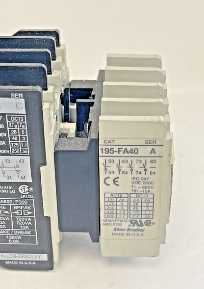 ALLEN-BRADLEY 700-F400A1 Ser. C 120V COIL RELAY & 195-FA40 Ser. A AUX. CONTACT