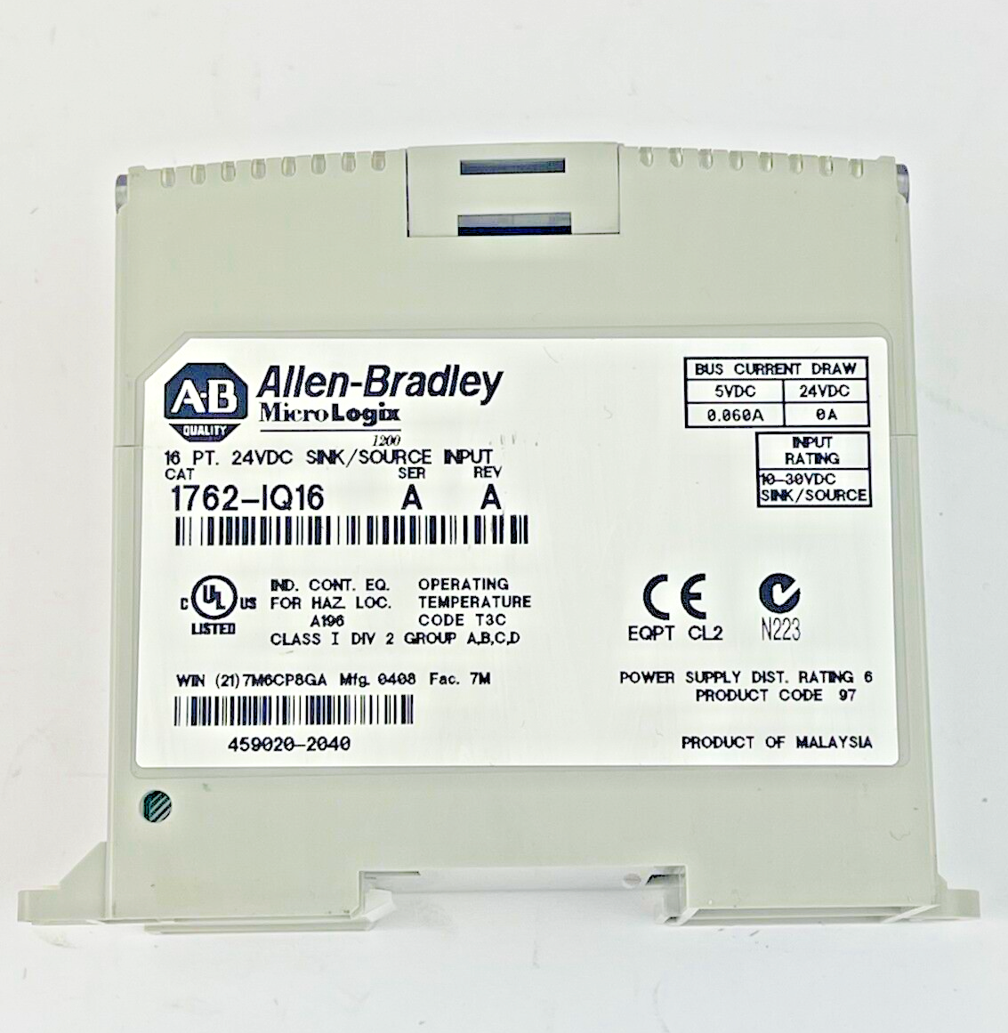 ALLEN BRADLEY - 1762-IQ16 SER A REV A - MICROLOGIX 1200 INPUT MODULE -16PT 24VDC