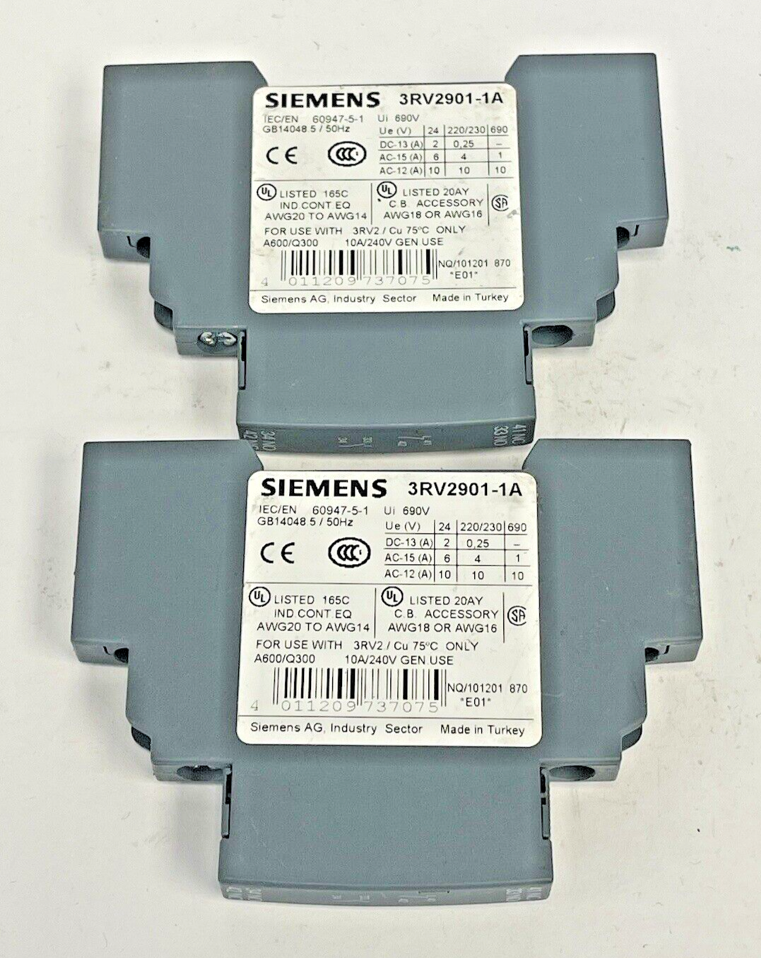 SIEMENS *LOT OF 2*- 3RV2901-1A - AUXILIARY SWITCH - CIRCUIT BREAKER ACCESSORY