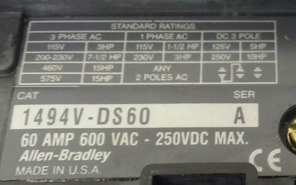 ALLEN BRADLEY 1494V-DR666 FUSIBLE DISCONNECT SWITCH,W/ 1494V-FSR666 & 1494V-DS60