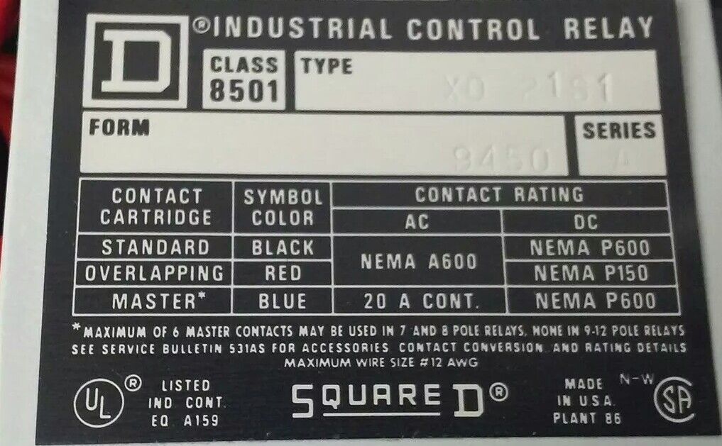 SQUARE D CLASS 9039 TYPE XG1V03, SER. A, 240V COIL RATING, TYPE 1 ENCLOSURE, NEW