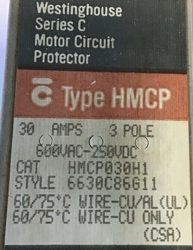 WESTINGHOUSE HMCP030H1 CIRCUIT PROTECTOR  SER.C 30AMP 3POLE 600VAC-250VDC
