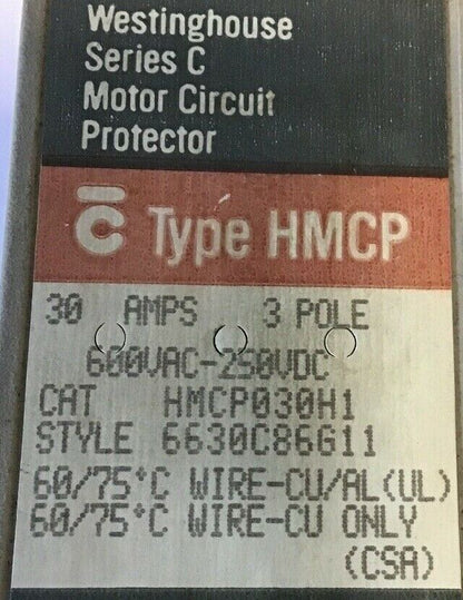 WESTINGHOUSE HMCP030H1 CIRCUIT PROTECTOR  SER.C 30AMP 3POLE 600VAC-250VDC