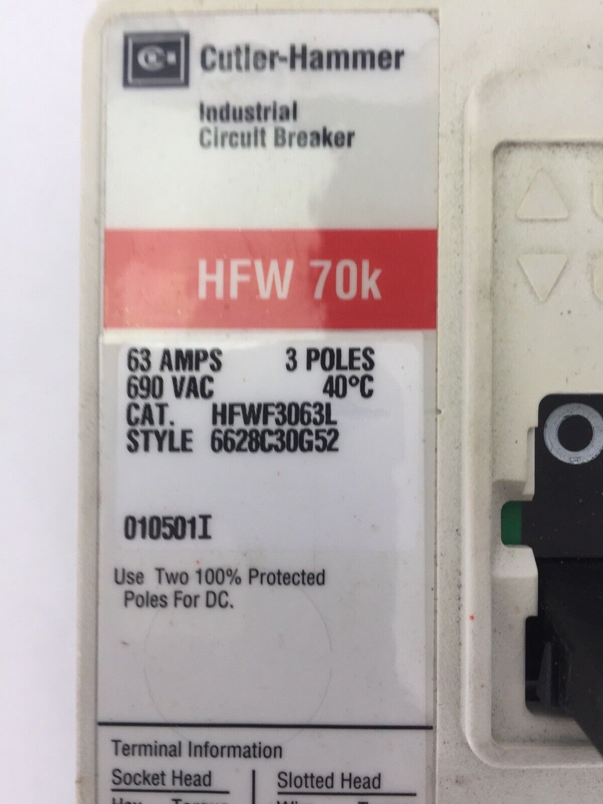 CUTLER HAMMER HFWF3063L INDUSTRIAL CIRCUIT BREAKER 63AMP 690VAC 3POLE