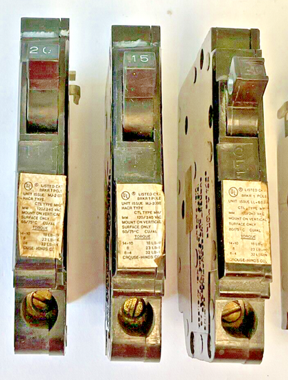 CROUSE-HINDS MH/MM 20A(2X)&15A(3X)CIRCUIT BREAKER 1POLE***LOTOF5***