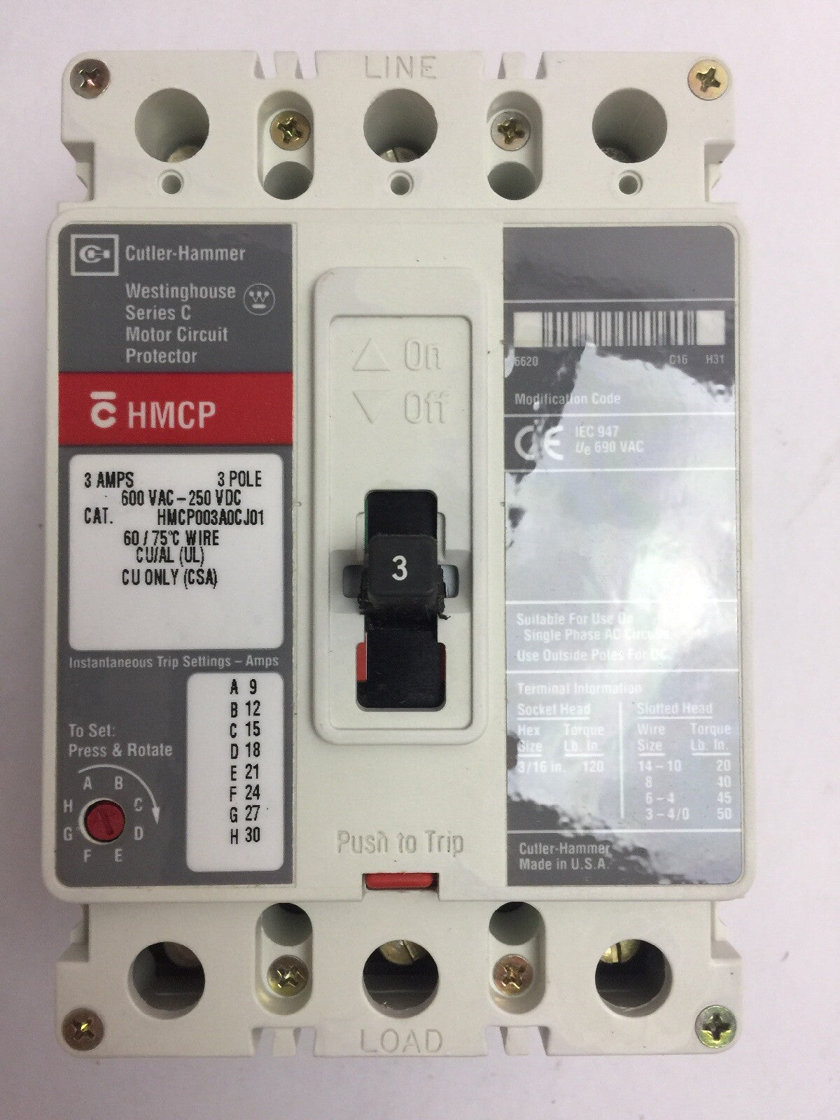 CUTLER-HAMMER HMCP003A0CJ01 MOTOR CIRCUIT PROTECTOR 600VAC 250VDC 3AMP SERIES C