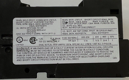 SIEMENS 3RV1021-0KA15 MOTOR STARTER 50/60HZ 600V 1.25-0.9A 6KV 16A