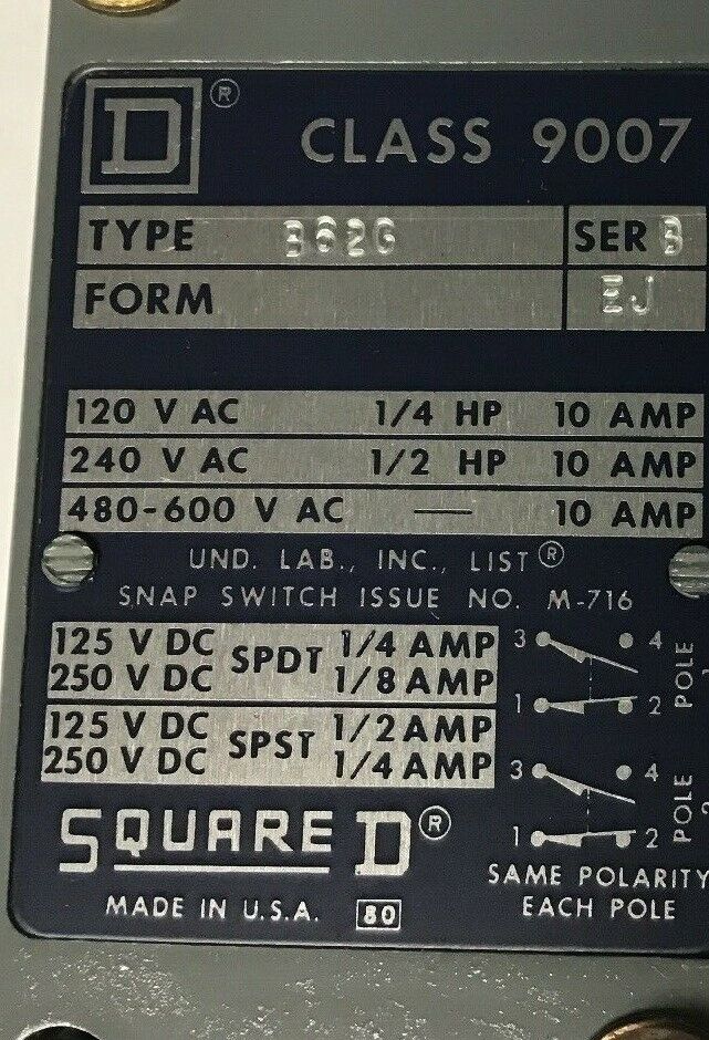 SQUARE D CLASS 9007 B62G  SER.B HEAVY DUTY LIMIT SWITCH