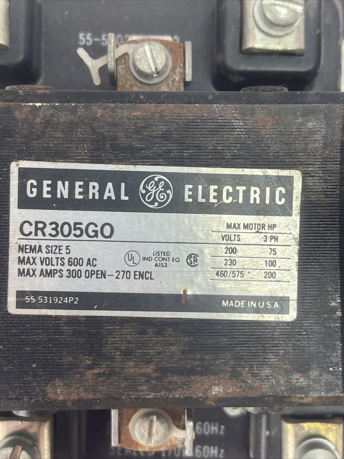 GE CR305GO SIZE 5 CONTACTOR 600VAC MAX AMP 300 OPEN - 270 ENCL. 200HP COIL