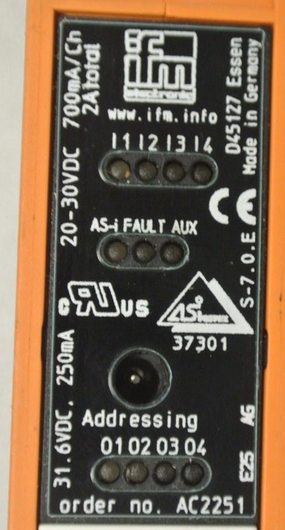 IFM AC2251 INTERFACE MODULE / 31.6VDC, 250mA / 20-30VDC, 700mA/CH / 2A TOTAL