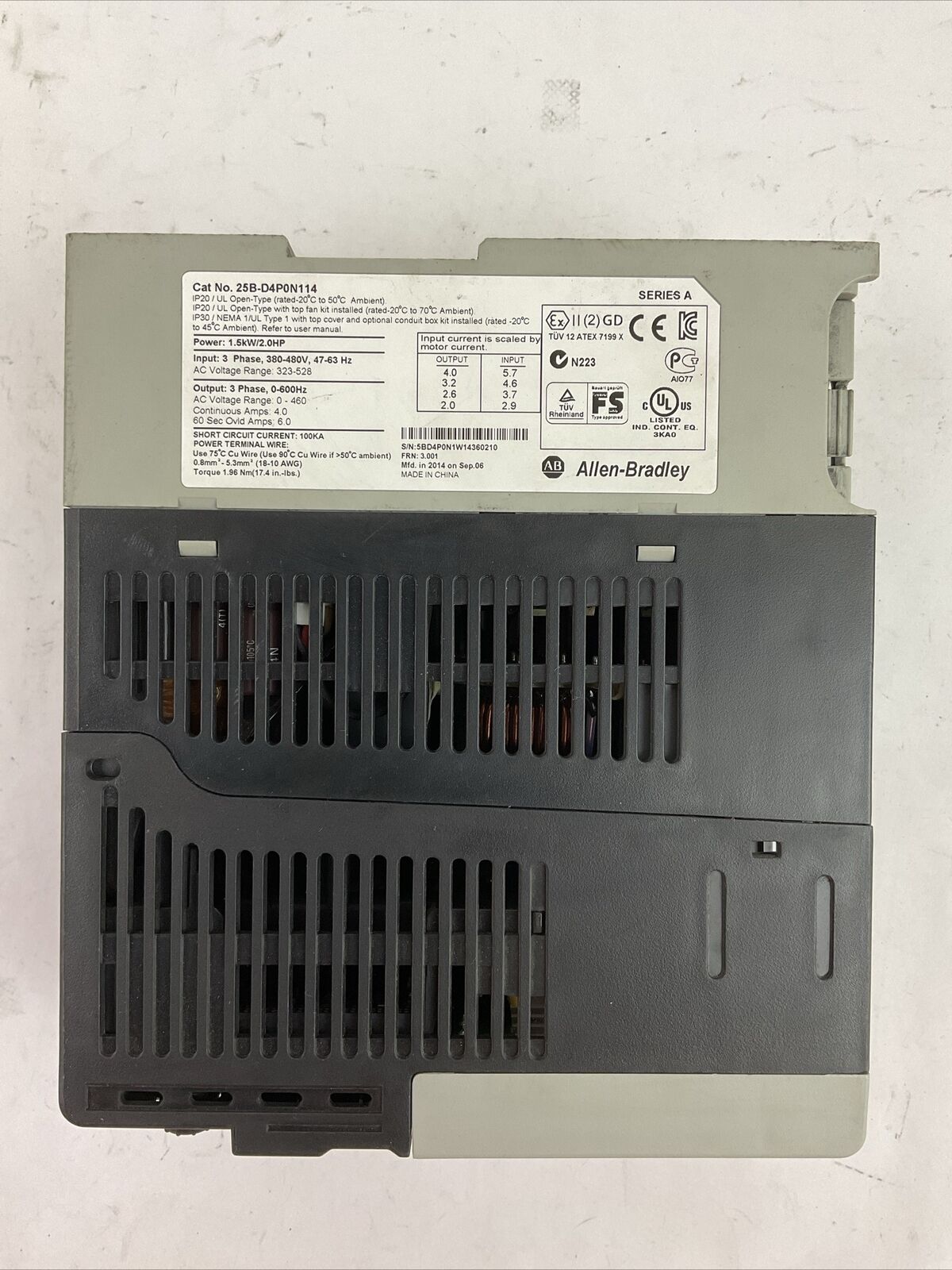 ALLEN BRADLEY 25B-D4P0N114 AC DRIVE FRN 3.001 OUTPUT 0-460VAC SER A