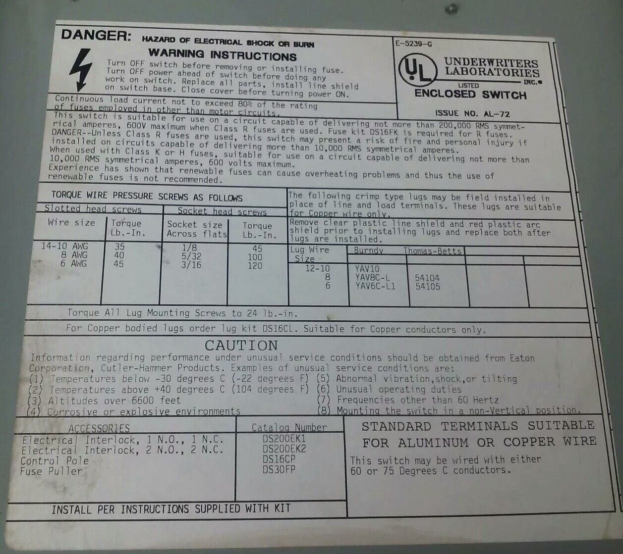 CUTLER HAMMER DH361FGK FUSIBLE SAFETY SWITCH 3P 30A 600VAC 20HP TYPE 1 ENCLOSURE