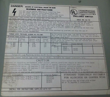 CUTLER HAMMER DH361FGK FUSIBLE SAFETY SWITCH 3P 30A 600VAC 20HP TYPE 1 ENCLOSURE
