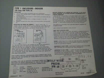 CHALLENGER HD363SNC FUSIBLE SAFETY SWITCH, 100A, 600V, 3PH, 75HP, TYPE 1 INDOOR