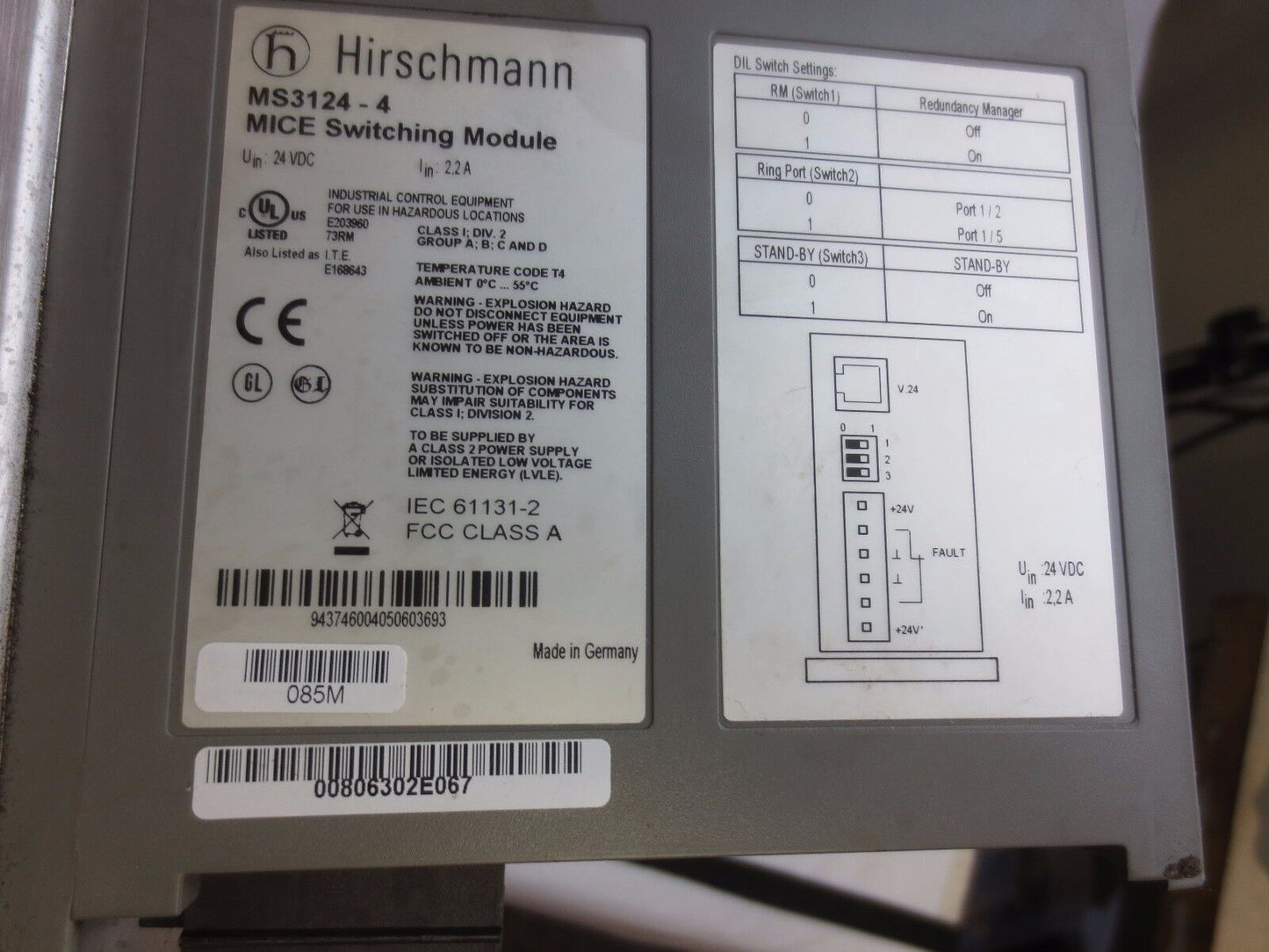 HIRSCHMANN MS3124-4 MICE SWITCHING MODULE + 6-SLOT BASE - MINUS COVER