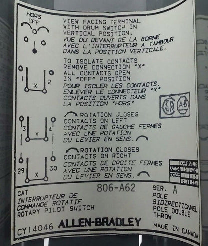 ALLEN BRADLEY 806-A62 SER. A, REVERSING DRUM SWITCH, 10A @ 600VAC,1A @ 115VDC