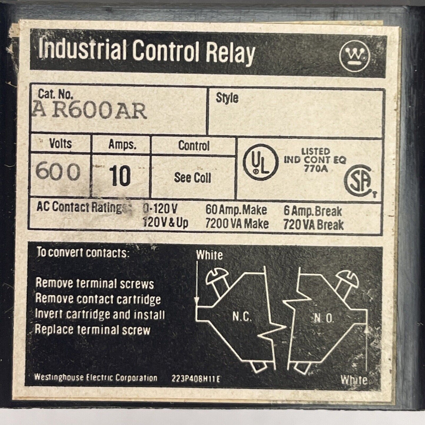 WESTINGHOUSE AR600AR INDUSTRIAL CONTROL RELAY 600VAC 10A 176C663G01 COIL 120V