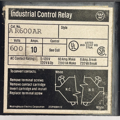 WESTINGHOUSE AR600AR INDUSTRIAL CONTROL RELAY 600VAC 10A 176C663G01 COIL 120V