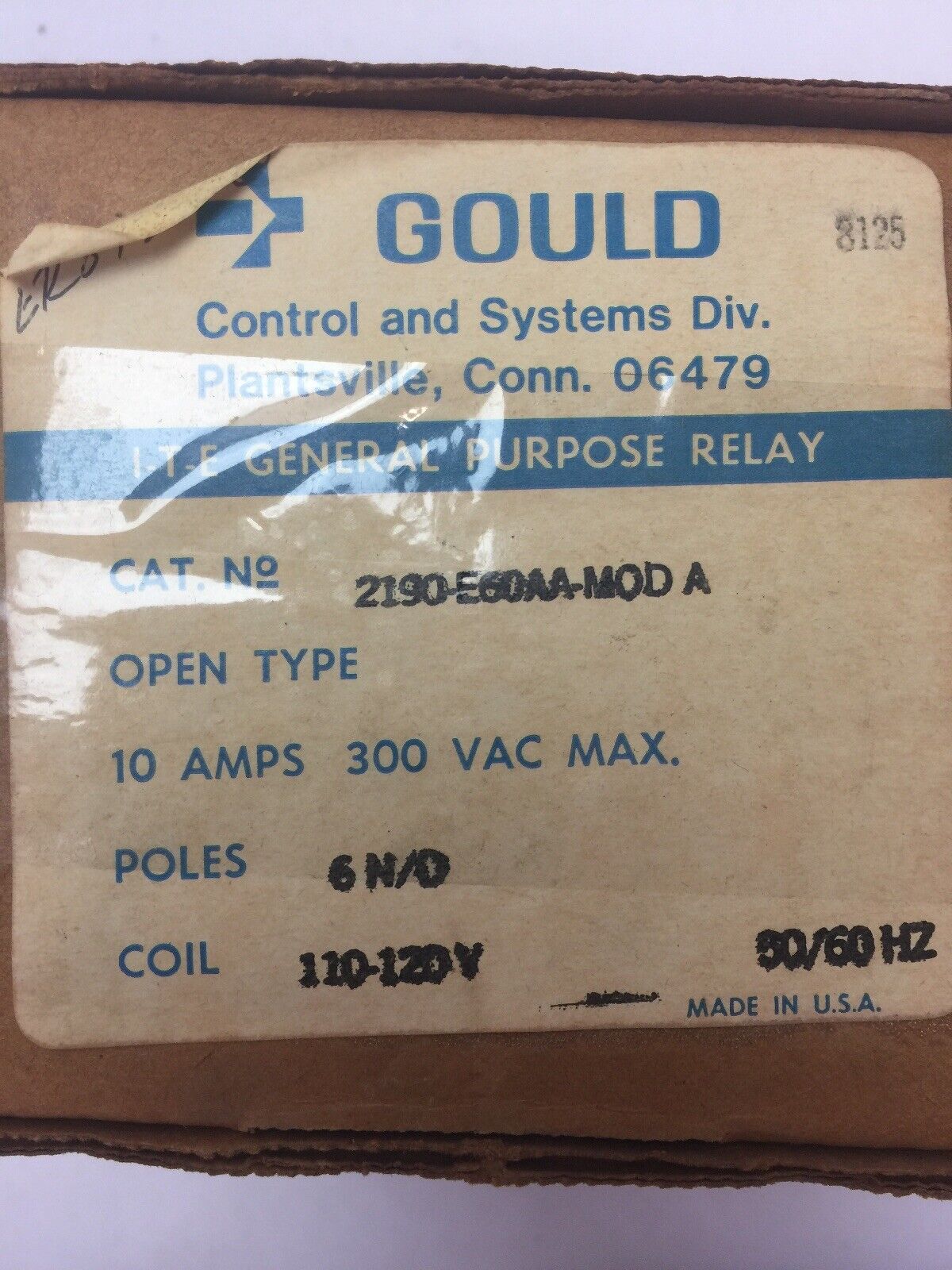 GOULD 2190-E60AA MOD A GENERAL PURPOSE RELAY 300VAC 10A 2090-810 COIL 110-120V