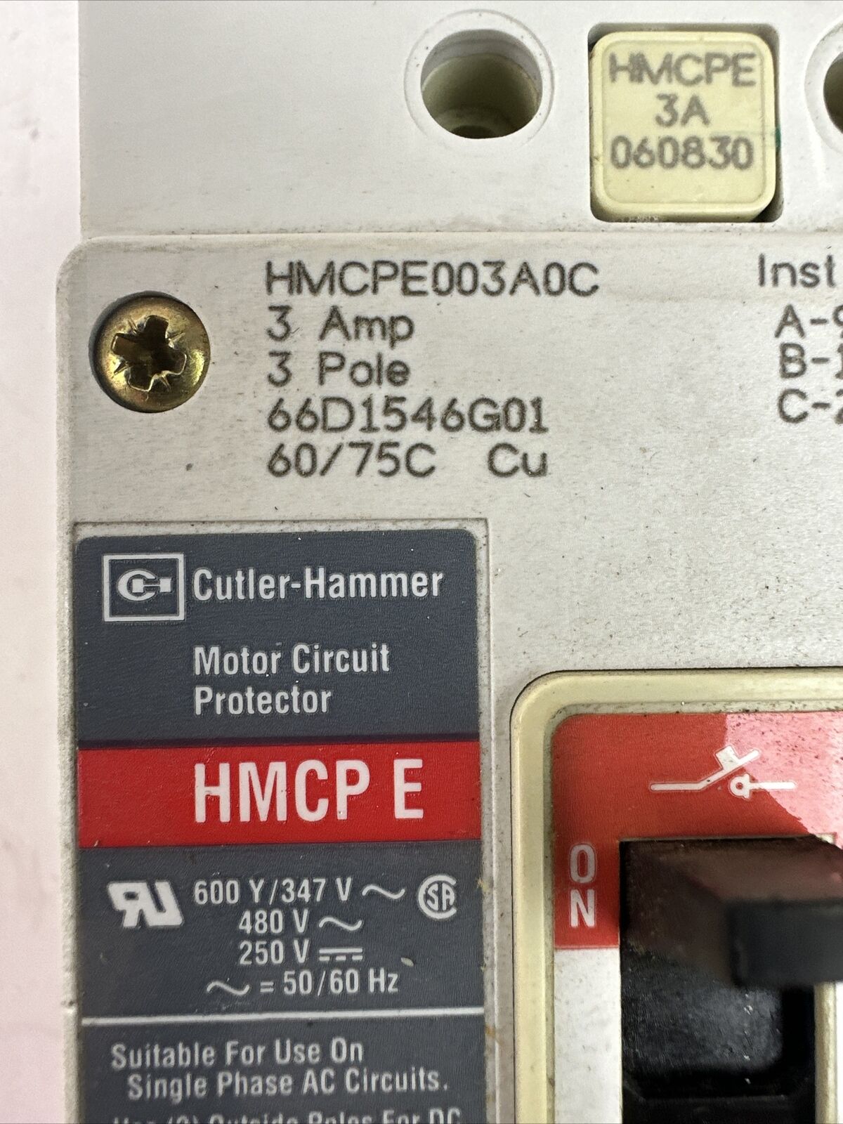 CUTLER HAMMER HMCPE003A0C MOTOR CIRCUIT PROTECTOR 3A 600Y/347VAC 480VAC 250VDC