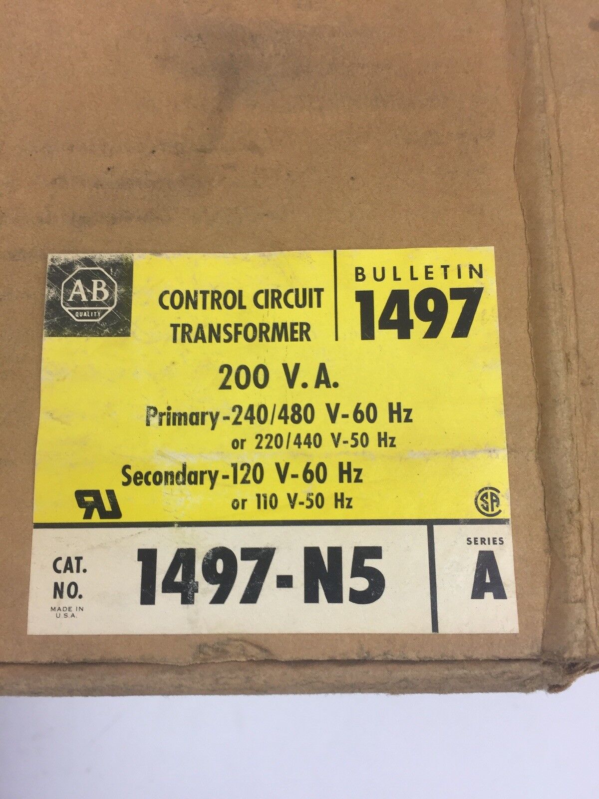 ALLEN BRADLEY 1497-N5 CONTROL CIRCUIT TRANSFORMER .200 KVA 240/480V 60HZ SER A