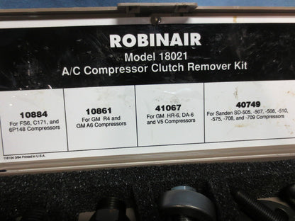 ROBINAIR 18021 A/C COMPRESSOR CLUTCH REMOVER KIT - 10884 10861 41067 40749 CASE