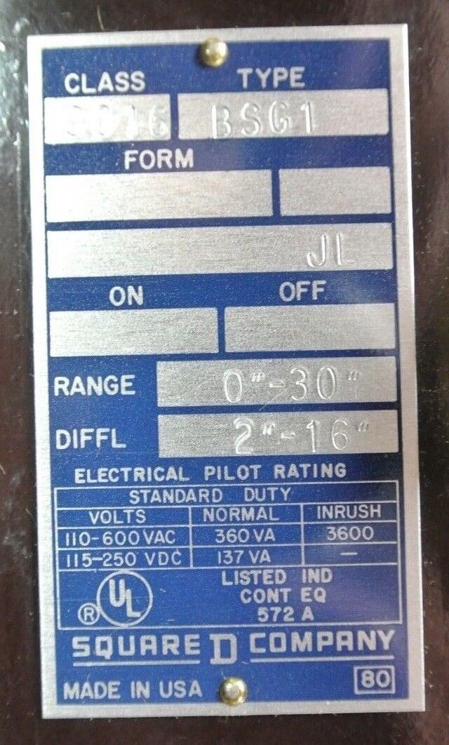 SQUARE D 9016 BSG-1 VACUUM SWITCH - OPEN - 20", CLOSE 14" - NEW SURPLUS