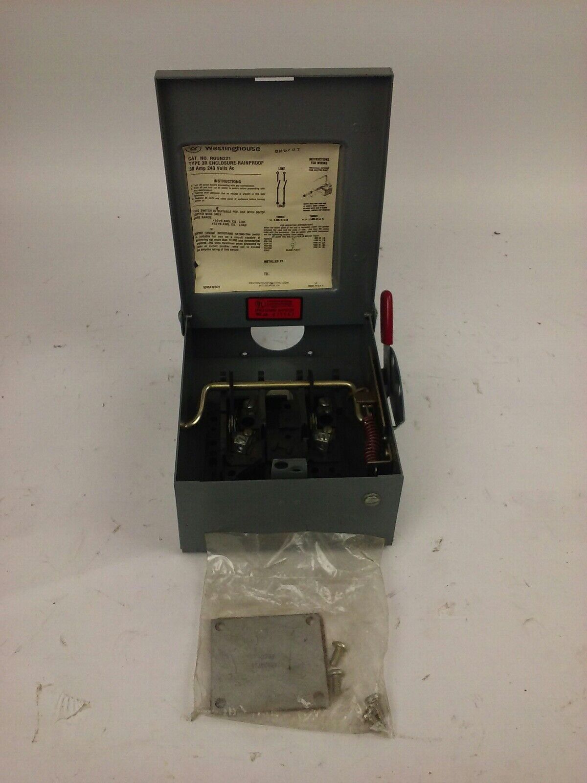 WESTINGHOUSE RGUN221 SAFETY SWITCH, 30A, 240V, 2P, NON FUSE, TYPE 3R RAINPROOF