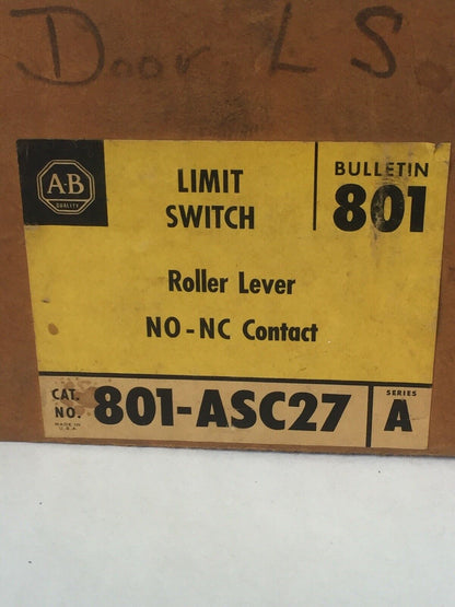 ALLEN BRADLEY 801-ASC27 LIMIT SWITCH ROLLER LEVER NO-NC CONTACTS 600V AC/DC