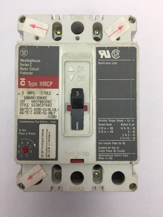 WESTINGHOUSE HMCP003A0C 3 Amp 600 VAC 250 VDC 3 Pole 6630C87G03
