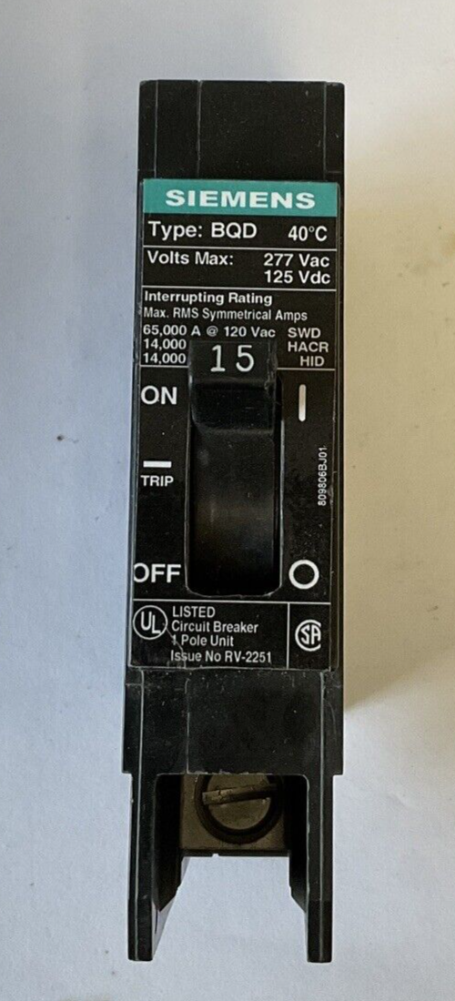 SIEMENS BQD115 CIRCUIT BREAKER 15AMP 1POLE 277VAC/125VDC TYPE BQD ***LOTOF3***