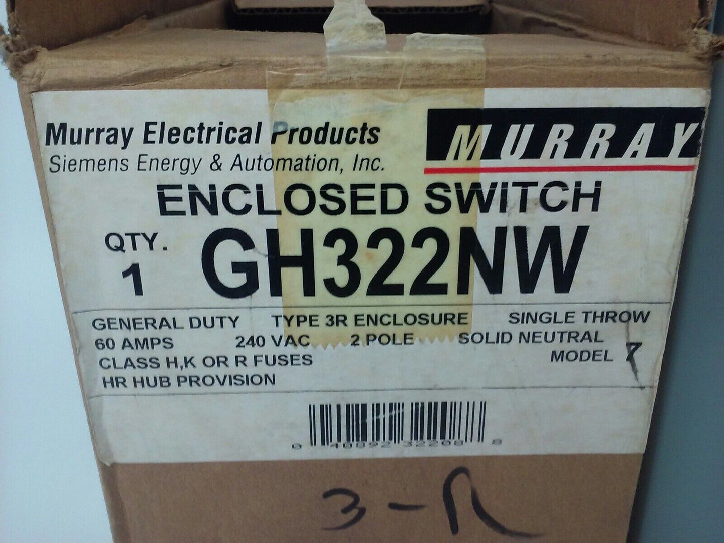 MURRAY GH322NW FUSIBLE SAFETY SWITCH SINGLE THROW 2P, 60A, 240V, 10HP, TYPE 3R