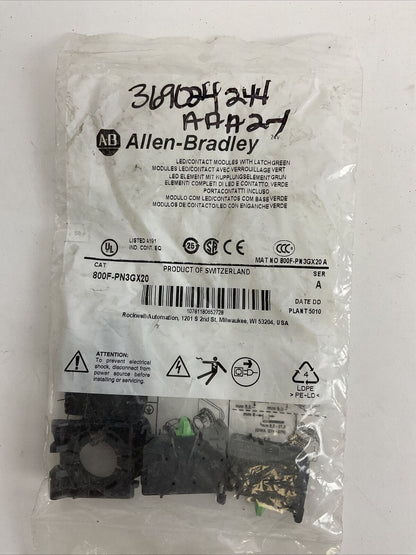 ALLEN BRADLEY 800F-PN3GX20 SER A LED/CONTACT MODULES WITH LATCH GREEN