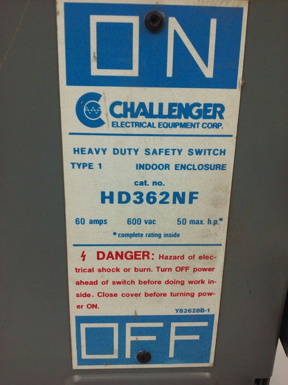 CHALLENGER HD362NF, H.D. SAFETY SWITCH, TYPE 1 INDOOR, 60A, 600V, 3 PHASE, NEW