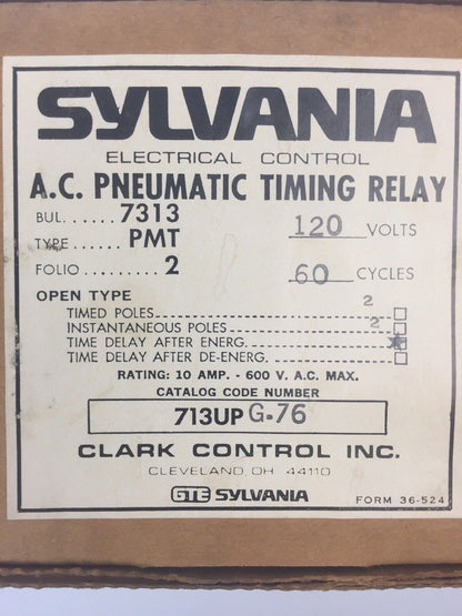 SYLVANIA 713UPG76 A.C. PNEUMATIC TIMING RELAY 10A 600VAC COIL 110-120V 60HZ