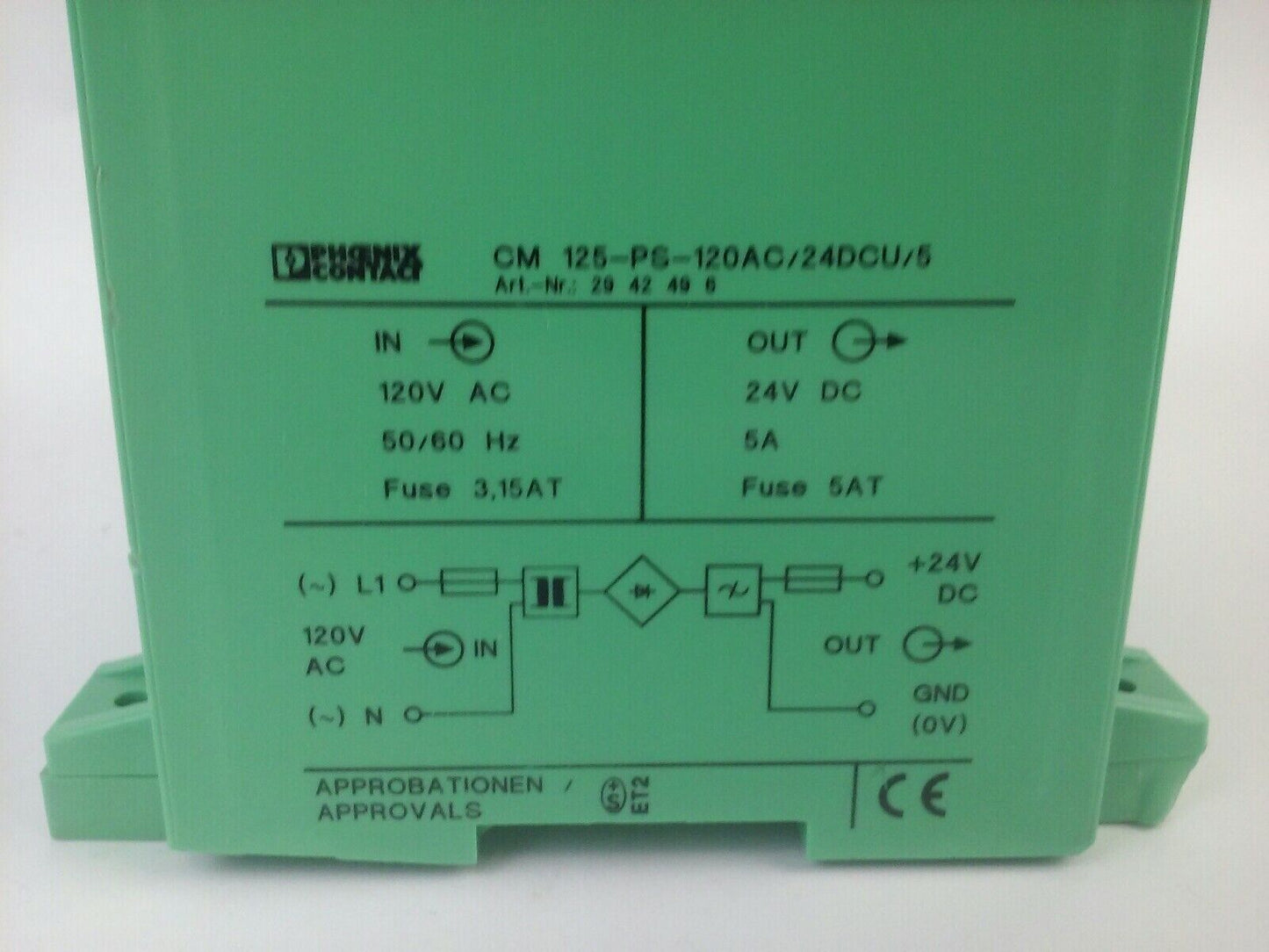 PHOEINX CONTACT CM 125-PS-120AC/24DCU/5 POWER SUPPY 120VAC 50/60HZ 24VDC 5A