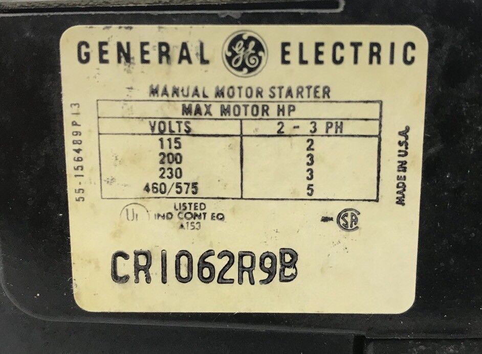 GE CR1062R9B MANUAL STARTER NEMA SIZE M-0 TOGGLE OPERATED 3 POLE 3 OLS