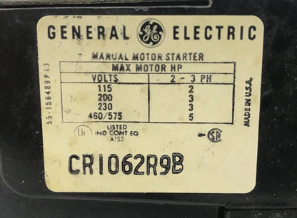 GE CR1062R9B MANUAL STARTER NEMA SIZE M-0 TOGGLE OPERATED 3 POLE 3 OLS