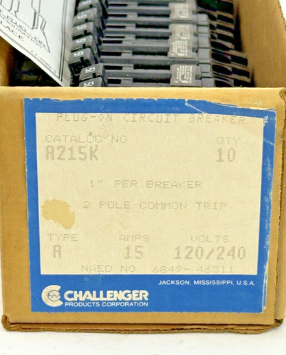 CHALLENGER *BOX OF 10* - A215K - COM. TRIP CIRCUIT BREAKERS -2 POLE/15 A/240 VAC