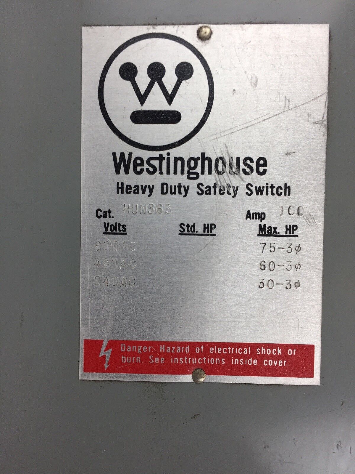 WESTINGHOUSE HUN363 HEAVY DUTY SAFETY SWITCH 100 AMP 600 VAC