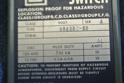 SQUARE D 9007 BR53B2-S9 HEAVY DUTY LIMIT SWITCH for HAZARDOUS LOCATION