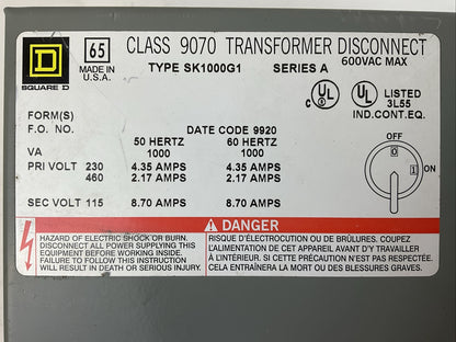 SQUARE D 9070 SK1000G1 TRANSFORMER DISCONNECT SER A PRI VOLT 230 4.35A 460 2.17A